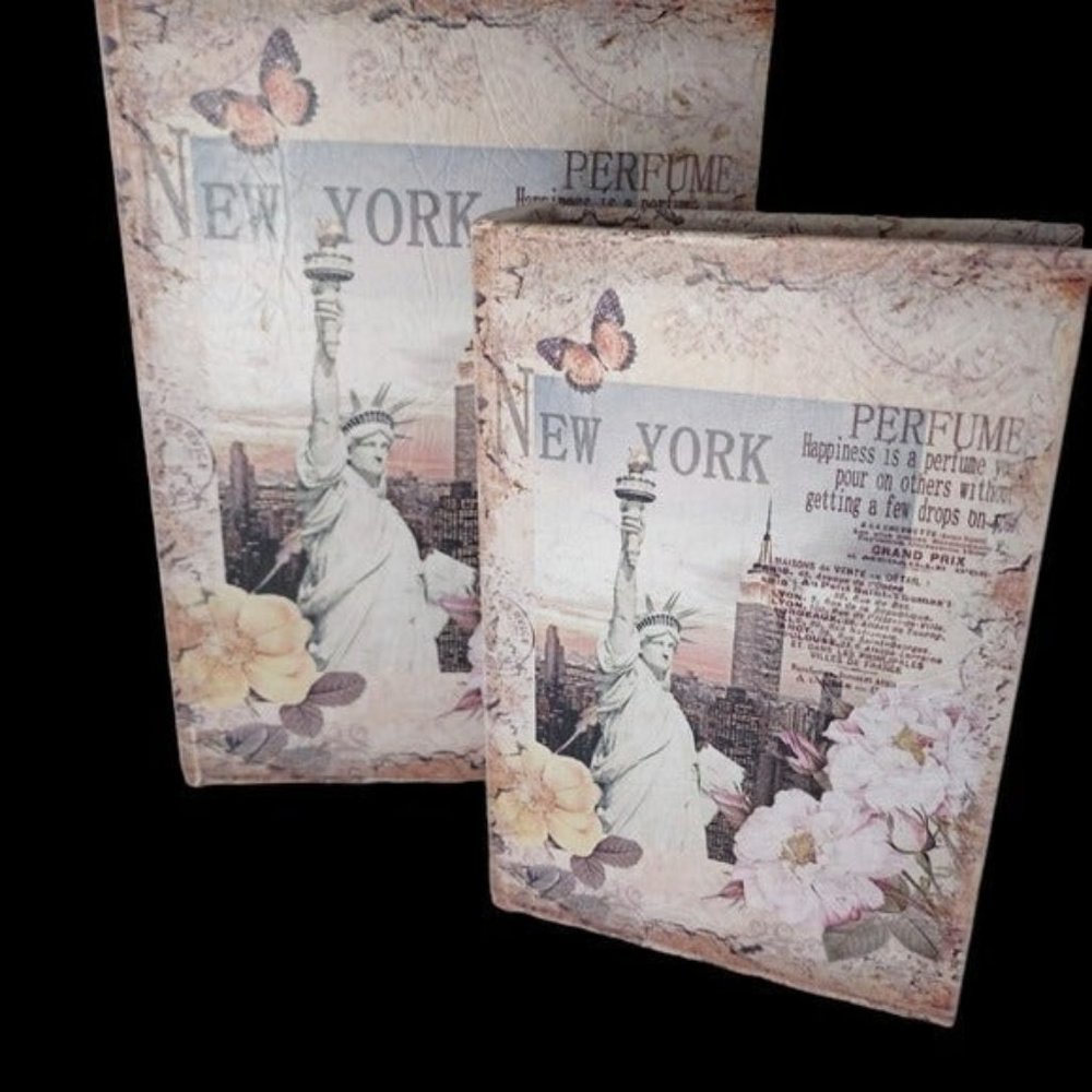 Elegant New York Perfume Flower Print Nested Book Box Set 2 Pink Tan